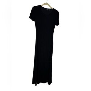 Theory Black Midi Dress Size Small Jersey Knit Ruched Side Bottom Slit Small